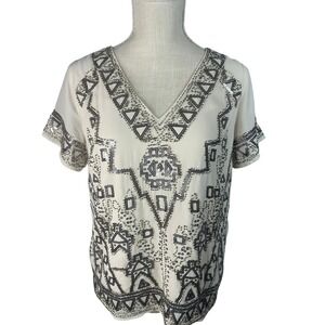 Sequin Embellished Top V-Neck Short Sleeve Geometric Pattern Bohemian Chic